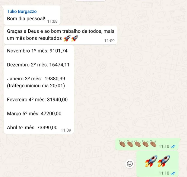 Print de WhatsApp do cliente com o faturamento mês a mês, de novembro a abril